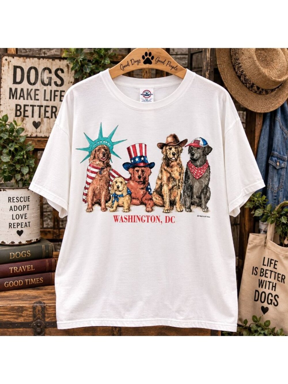Vintage Prints of Tails T Shirt 2XL Washington DC Patriotic Dogs 2 Sided USA